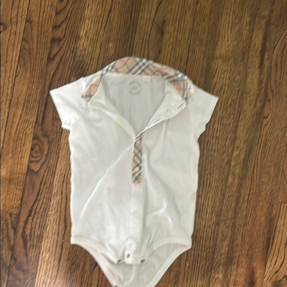 Burberry White Baby One-Piece Bodysuit with Vintage Check Trim